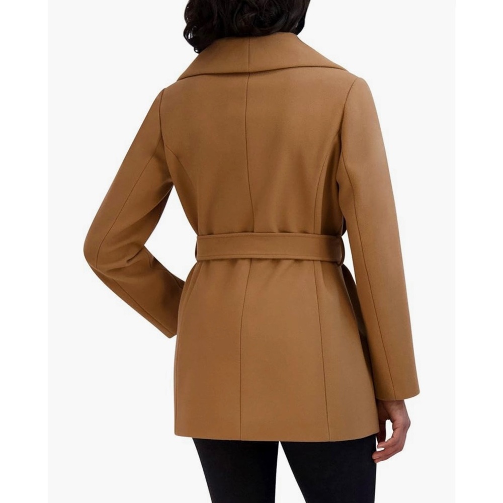 NWT Tahari Tan Camel Wide Collar Shawl Tie Belt Pea Wrap Coat Jacket Faux Wool S - Picture 6 of 15